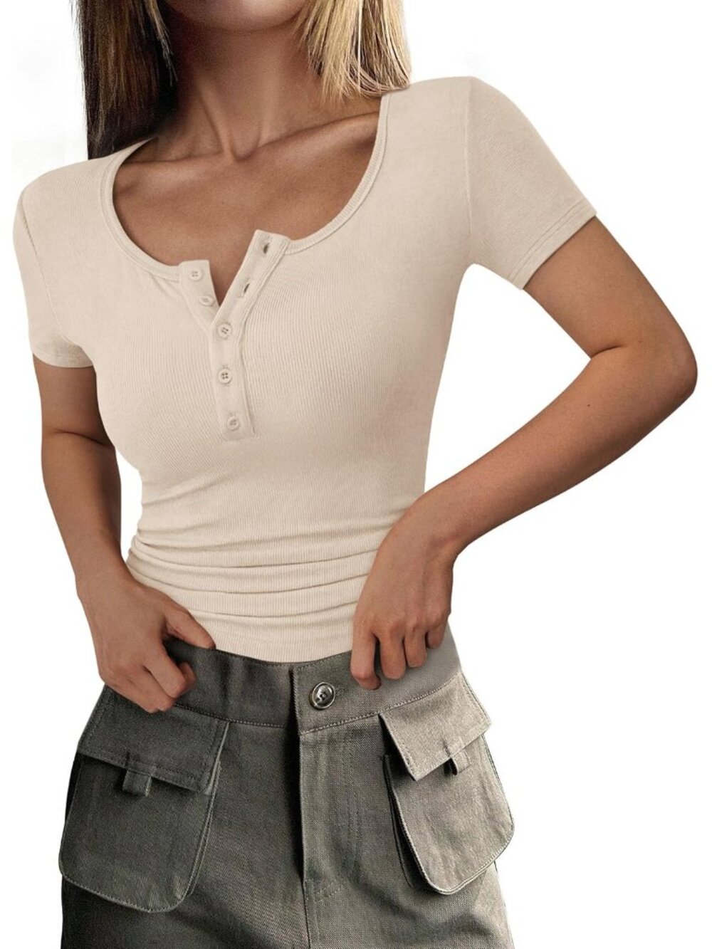Elegant Beige Henley T-Shirt for Women - Short Sleeve Casual Summer Top